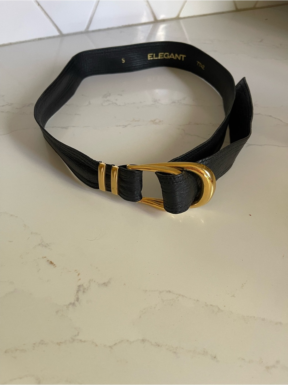 Black Leather Belt with Gold D-Ring Hardware Total length 36”